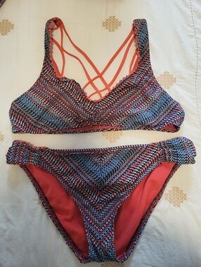 Lucky Brand Swimwear Strappy Two-Piece Bikini Set in Coral, Blue & White